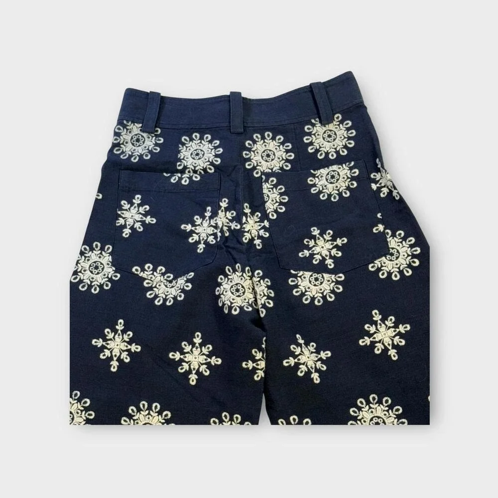 ZARA‎ WOMAN HIGH-WAIST WIDE-LEG EMBROIDERED CULOTTES PANT NAVY BLUE  S XS 28